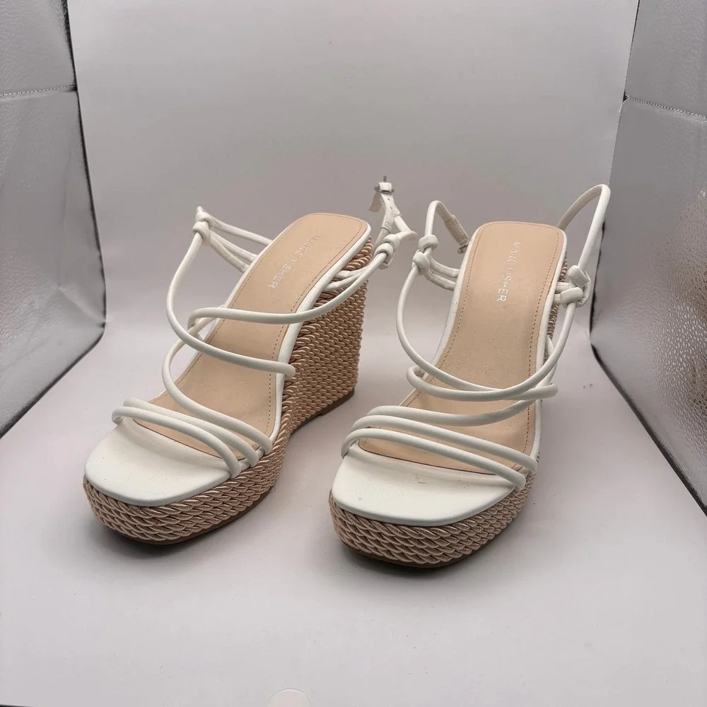 Marc Fisher Zesty White Strappy Woven Rope Platform Wedge Sandals Womens 8M